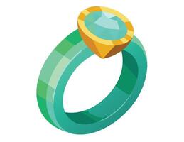 Isometric illustration of a gemstone engagement ring showcasing modern design with a teal and gold color scheme. vector