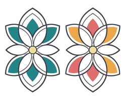 Elegant illustration of two symmetrical floral designs featuring detailed petals and eye-catching color palettes. vector