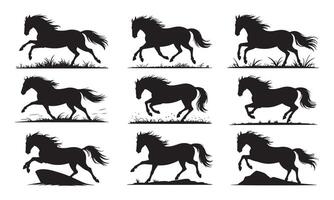 Silhouettes of Running Horses with Grass and Rocks on White Background vector