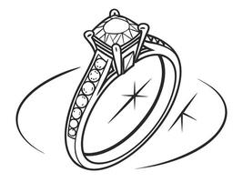 Elegant line art illustration of a diamond engagement ring symbolizing love and commitment with sparkle effects vector