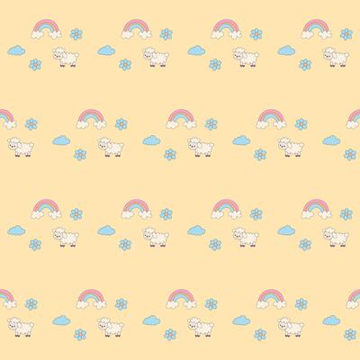 Fun Sheep Character Baby Clothing Textile Seamless Swatch Background. Hand Drawn Doodle Infant Fabric Pattern. Cute Kawaii Whimsical Wrapping, Wallpaper Nursery Art. Vintage Elegant Retro Style