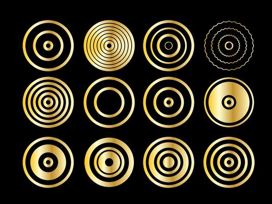 Gold Ring Round Shape Set. Vintage Golden Gradient Texture Circle Geometric Shape. Retro Style Decoration Element Contour Outline. Goldy Frame Button Shape Collection