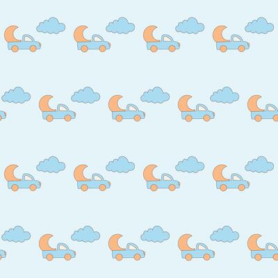 car and Moon Baby Clothing Textile Seamless Swatch Background. Hand Drawn Doodle Infant Fabric Pattern. Cute Kawaii Whimsical Wrapping, Wallpaper Nursery Art. Vintage Elegant Retro Style