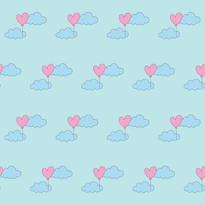 Cloud Heart Baby Clothing Textile Seamless Swatch Background. Hand Drawn Doodle Infant Fabric Pattern. Cute Kawaii Whimsical Wrapping, Wallpaper Nursery Art. Vintage Elegant Retro Style