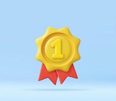 3D number one medal with red ribbons vector