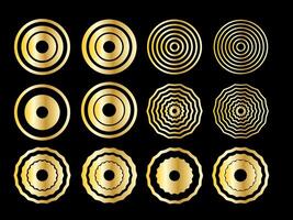 Gold Ring Round Shape Set. Vintage Golden Gradient Texture Circle Geometric Shape. Retro Style Decoration Element Contour Outline. Goldy Frame Button Shape Symbol vector