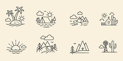 Minimal Line Style Nature and Travel Icons Mountains, Desert, Beach Camping vector