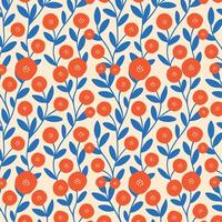 Seamless Flower Pattern Red Blooms and Blue Leaf Botanical Background vector
