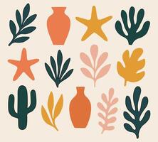 Abstract Botanical Set Flat Cut-Out Style Leaves, Vases, and Cactus Elements in Boho Earth Tone Colors vector