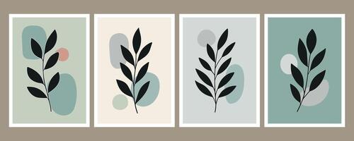 Minimal Botanical Wall Art Boho Leaf Line Art with Abstract Earth Tone Shapes for Modern Interior Decor vector
