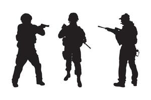 Army Soldier Silhouette Set Featuring Armed Soldiers in Tactical Poses Including Kneeling and Shooting Isolated on White Background for Web and Mobile Use vector