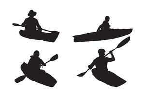 Adventure Kayaking Silhouette Set Featuring Paddlers in Narrow Boats with Double Bladed Oars Navigating Mountain River Currents Illustration on White Background vector