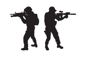 army soldier silhouette set featuring armed soldiers in tactical poses including kneeling and shooting isolated on white background and mobile use vector