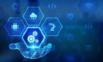 Hand with gears and technology icons vector