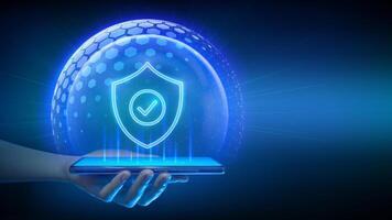 Hand holding smartphone with security shield vector