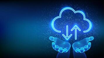 Blue cloud computing diagram with hands vector