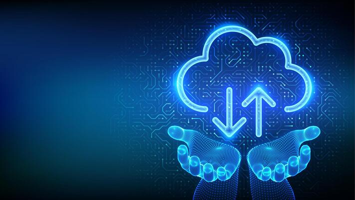 Cloud computing service. Cloud icon in wireframe hands. Secure Cloud Storage. Database storage, Data center. Upload download app. Circuit board pattern PCB printed circuit texture. illustration