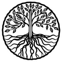 Tree of life symbol with branching roots and leafy canopy in circular design nature, growth, connection concept vector