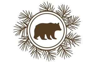 Bear silhouette emblem with pine needles rustic forest wildlife symbol, nature inspired design element vector