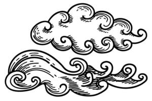 Hand drawn swirling cloud and wave set vintage style, black line ornamental sky and water elements illustration vector