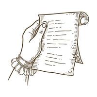 Hand holding vintage scroll parchment old manuscript with curled edge, historical document writing concept vector