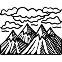 Majestic mountain peaks under cloudy sky hand drawn illustration with clouds, high altitude landscape scene vector