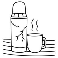 Hot drink in steaming mug and cracked thermos on table simple line drawing of beverage container scene vector