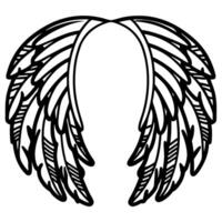 outlined symmetrical angel wings hand drawn feathered design, black and white linear style, open flying wings illustration vector