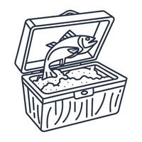 Fresh fish on ice in cooler box seafood preservation, fishing catch storage, insulated container concept vector