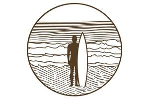 Surfer standing with surfboard on beach ocean waves and sand, circular minimal line art illustration vector