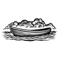 Wooden rowboat floating on rippling water with cloud like foam nautical hand drawn sketch illustration vector