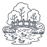 Tranquil park scene with wooden bridge over pond, ducks swimming, and lush trees peaceful nature landscape vector