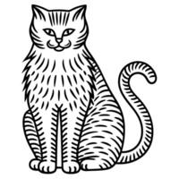 Fluffy sitting cat illustration black outline drawing of long haired feline with bushy tail and expressive face, isolated on white vector