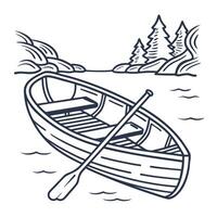 Wooden rowboat on lake with single oar hand drawn illustration of tranquil nature scene, peaceful water and pine trees vector