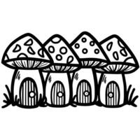Whimsical mushroom houses in a row, fantasy fairy tale homes with doors and windows, magical forest dwellings vector
