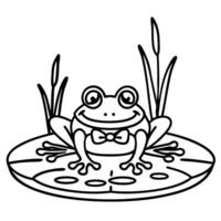 frog with bow tie sitting on lily pad cute amphibian line art for children's coloring activity vector