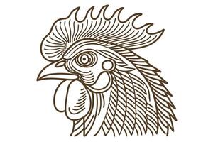 Rooster head line art illustration detailed drawing of chicken bird profile with feathers and comb design vector