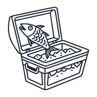 Fresh fish in ice filled cooler box seafood storage, fishing catch preservation, insulated container outline vector