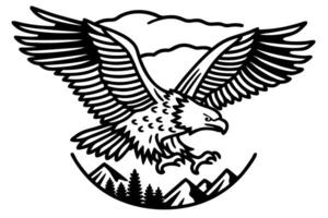 Majestic eagle with outstretched wings, flying over mountains and pine trees in black and white illustration vector