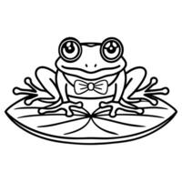Cute frog with bow tie sitting on lily pad, outlined drawing for kids coloring activity vector