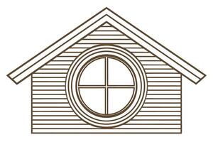 Round window in gable attic of wooden house outline architectural facade design, construction element illustration vector