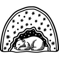 Sleeping bear in winter cave, isolated illustration hibernation, animal and snowflake pattern, cozy den vector