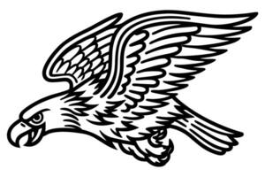 Soaring eagle with outstretched wings in flight, bold black line illustration, fierce bird symbol vector