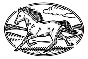 Galloping horse sketch in countryside landscape hand drawn vintage equine illustration with clouds and fields vector