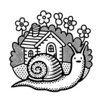 Smiling snail with spiral shell near small house and blooming flowers whimsical garden illustration, nature concept vector