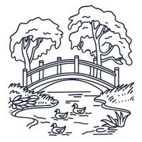 Arched wooden bridge over serene river with ducks and trees peaceful nature scene, tranquil landscape, hand drawn vector