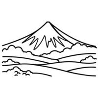 Mountain landscape outline with clouds and fields hand drawn nature scene, minimalist line art illustration vector