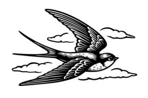 Swallow bird in flight black and white illustration with clouds, swift wings, vintage etching wildlife vector