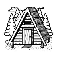 A frame wooden cabin with shingled roof in forest, surrounded by pine trees rustic lodge illustration vector