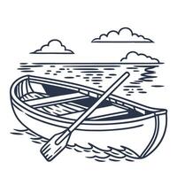 Wooden rowboat with single oar on calm water, simple line drawing peaceful lake scene with clouds vector